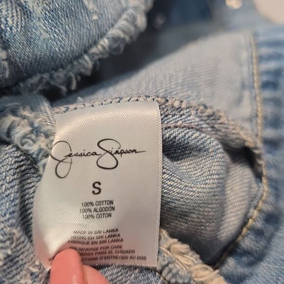 Jessica Simpson Cropped Denim Jacket Size Small Blue Distressed Pixie Fit - Picture 8 of 10
